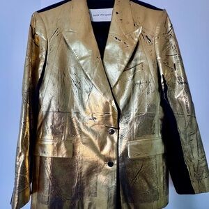 Dries Van Noten Metallic Gold front and black pinstriped Blazer